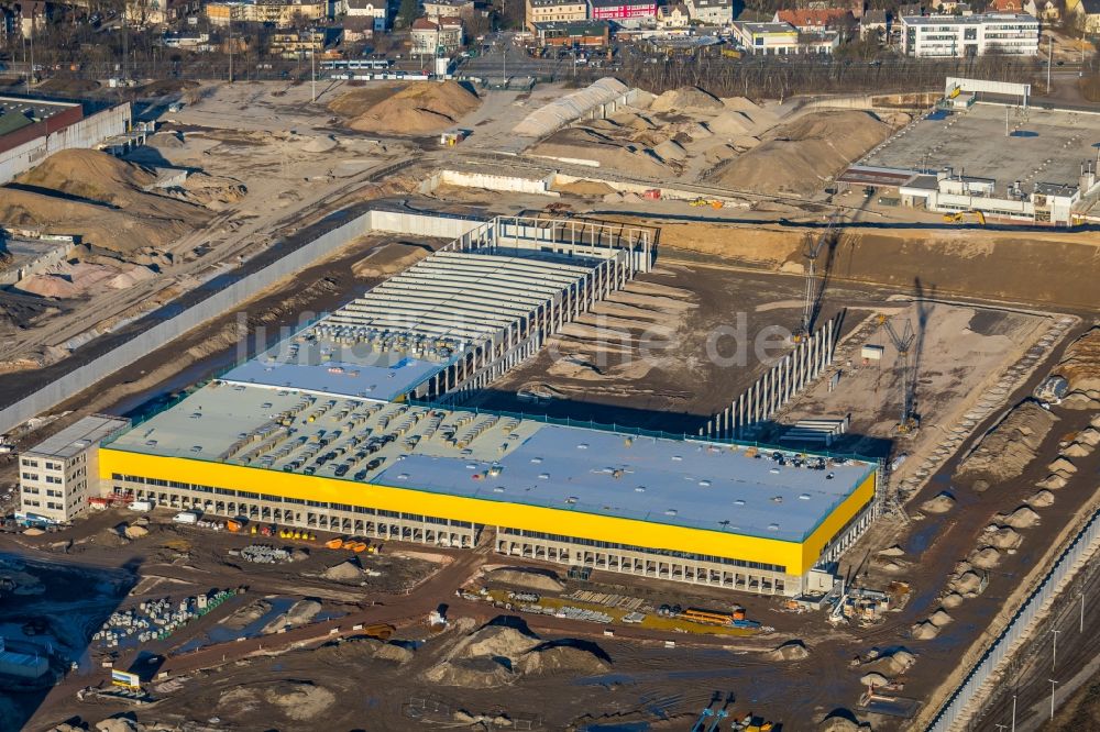 Luftbild Bochum - Baustelle zum Neubau eines DHL- Hub- Gebäudekomplexes auf dem Gelände des Logistikzentrums im Entwicklungsgebiet MARK 51°7 in Bochum im Bundesland Nordrhein-Westfalen, Deutschland