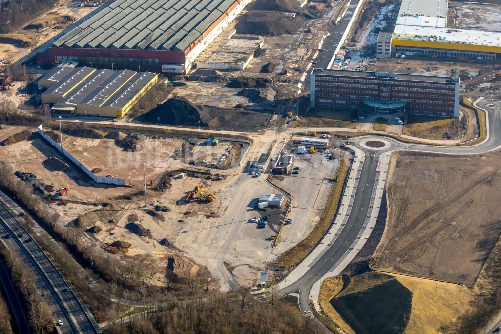 Luftaufnahme Bochum - Baustelle zum Neubau eines DHL- Hub- Gebäudekomplexes auf dem Gelände des Logistikzentrums im Entwicklungsgebiet MARK 51°7 in Bochum im Bundesland Nordrhein-Westfalen, Deutschland