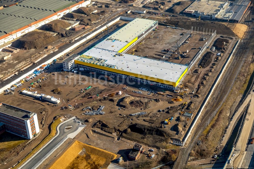 Luftaufnahme Bochum - Baustelle zum Neubau eines DHL- Hub- Gebäudekomplexes auf dem Gelände des Logistikzentrums im Entwicklungsgebiet MARK 51°7 in Bochum im Bundesland Nordrhein-Westfalen, Deutschland