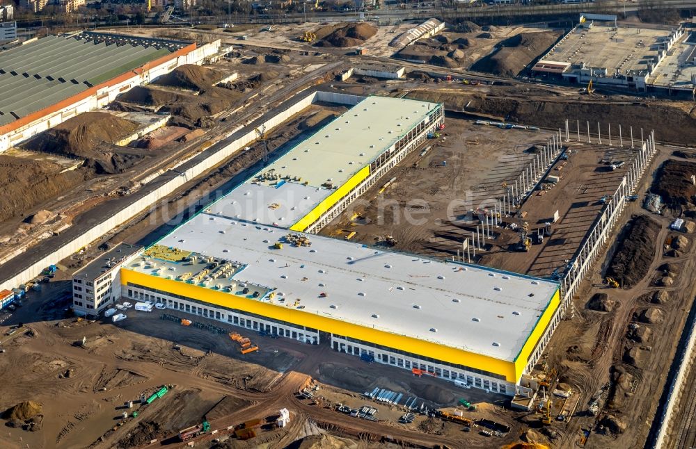 Bochum von oben - Baustelle zum Neubau eines DHL- Hub- Gebäudekomplexes auf dem Gelände des Logistikzentrums im Entwicklungsgebiet MARK 51°7 in Bochum im Bundesland Nordrhein-Westfalen, Deutschland