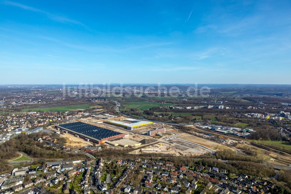 Bochum von oben - Baustelle zum Neubau eines DHL- Hub- Gebäudekomplexes auf dem Gelände des Logistikzentrums im Entwicklungsgebiet MARK 51°7 in Bochum im Bundesland Nordrhein-Westfalen, Deutschland