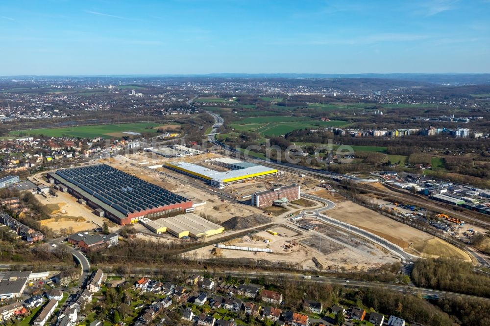 Luftbild Bochum - Baustelle zum Neubau eines DHL- Hub- Gebäudekomplexes auf dem Gelände des Logistikzentrums im Entwicklungsgebiet MARK 51°7 in Bochum im Bundesland Nordrhein-Westfalen, Deutschland