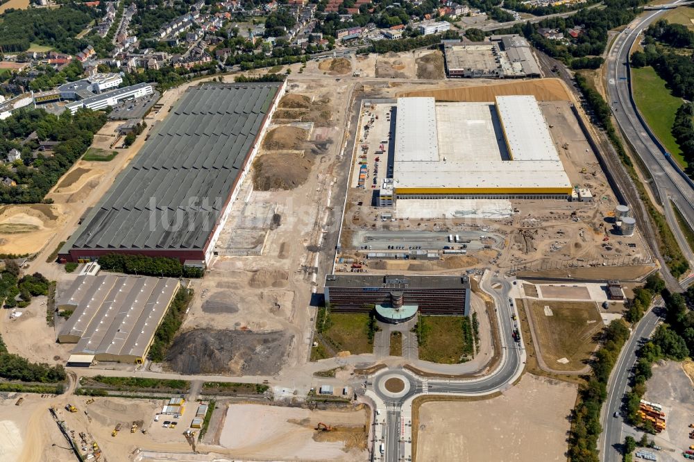 Bochum aus der Vogelperspektive: Baustelle zum Neubau eines DHL- Hub- Gebäudekomplexes auf dem Gelände des Logistikzentrums im Entwicklungsgebiet MARK 51°7 in Bochum im Bundesland Nordrhein-Westfalen, Deutschland