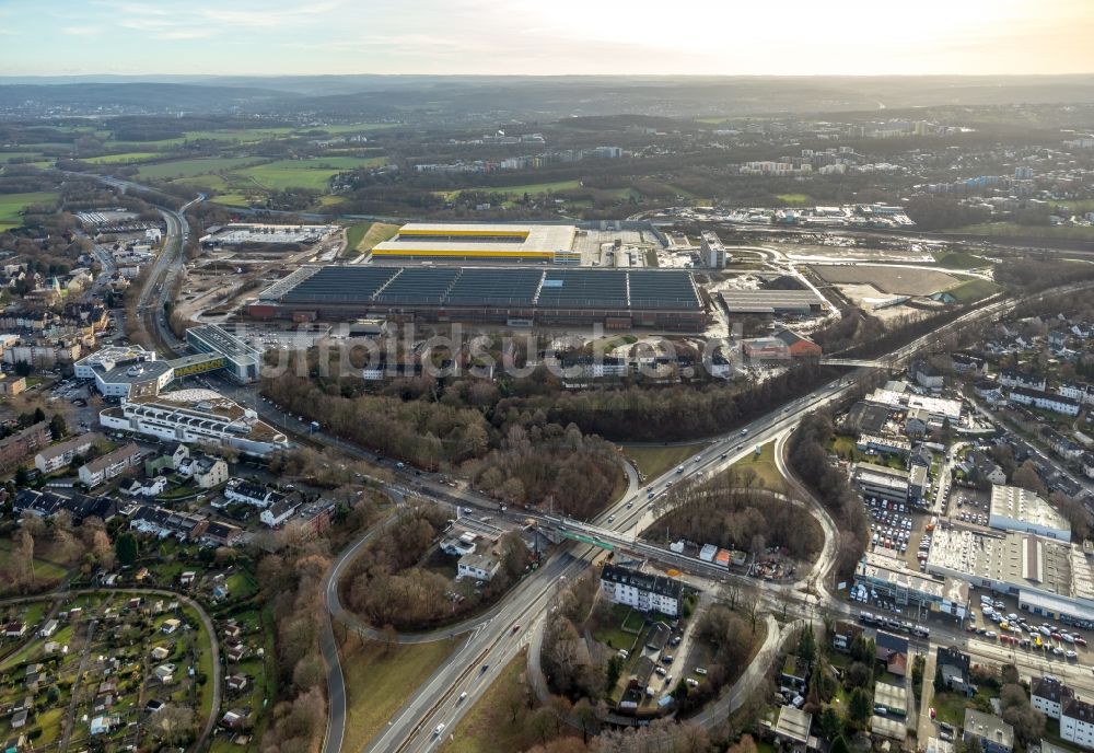 Bochum von oben - Baustelle zum Neubau eines DHL- Hub- Gebäudekomplexes auf dem Gelände des Logistikzentrums im Entwicklungsgebiet MARK 51°7 in Bochum im Bundesland Nordrhein-Westfalen, Deutschland