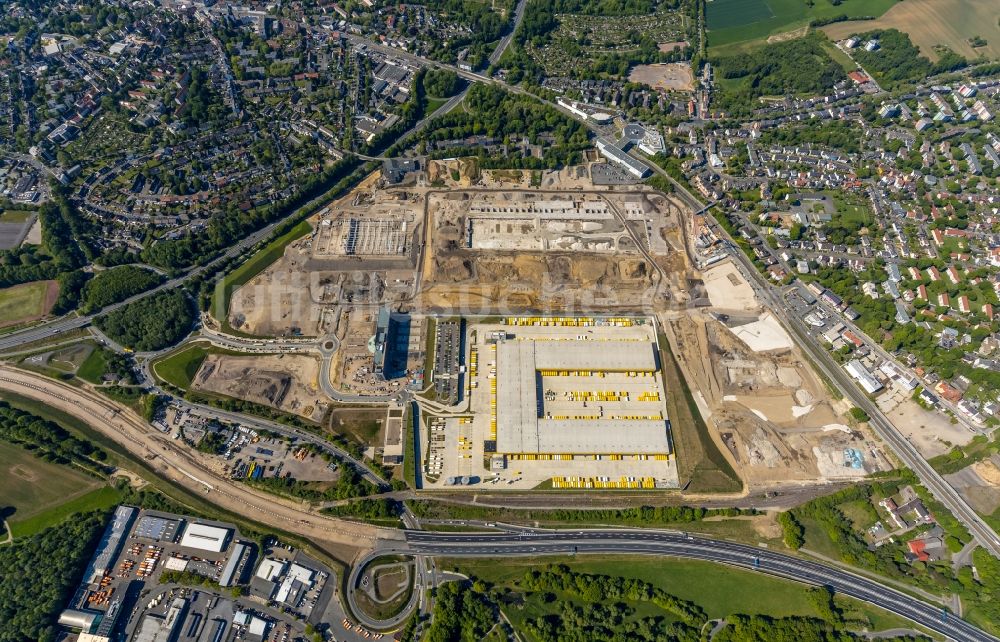 Luftaufnahme Bochum - Baustelle zum Neubau eines DHL- Hub- Gebäudekomplexes auf dem Gelände des Logistikzentrums im Entwicklungsgebiet MARK 51°7 in Bochum im Bundesland Nordrhein-Westfalen, Deutschland