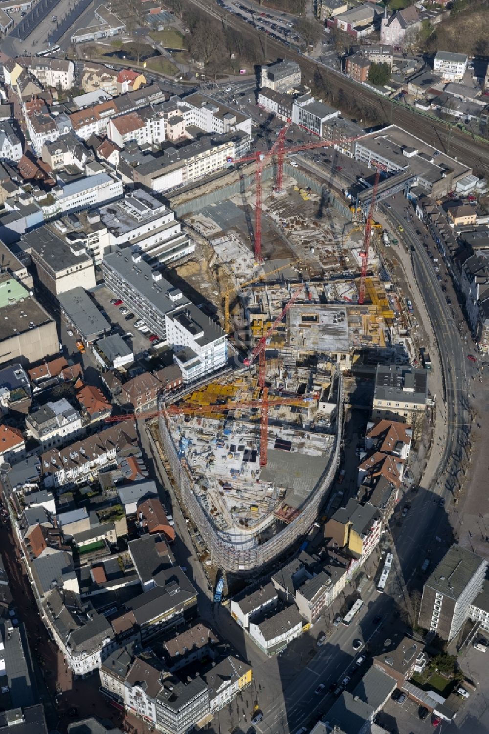 Luftaufnahme Recklinghausen - Baustelle zum Neubau des Einkaufszentrums Recklinghausen Arcaden auf dem Gelände des ehemaligen Löhrhof Center s gegenüber dem Rathaus Recklinghausen im Bundesland Nordrhein-Westfalen NRW