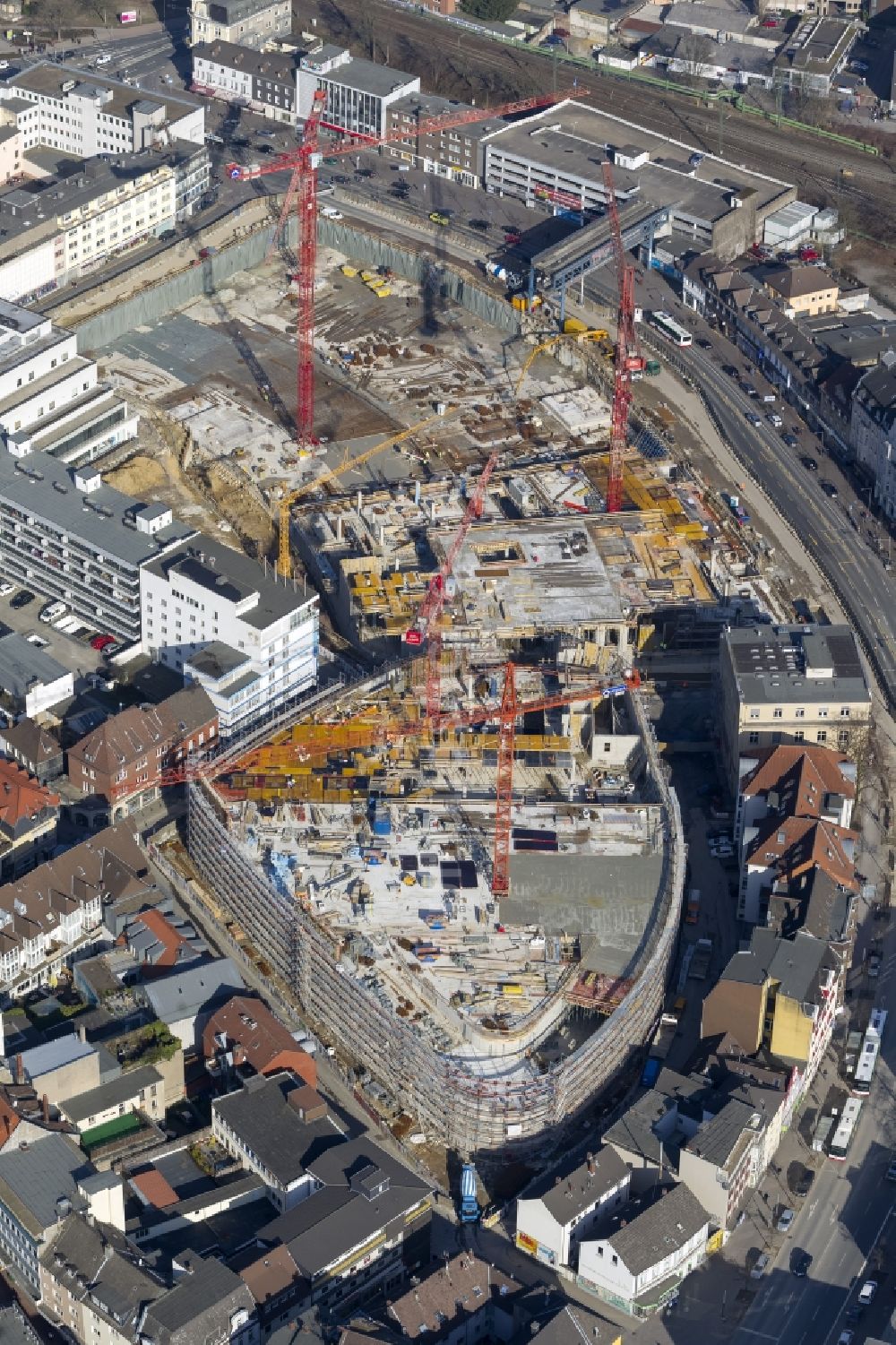 Luftbild Recklinghausen - Baustelle zum Neubau des Einkaufszentrums Recklinghausen Arcaden auf dem Gelände des ehemaligen Löhrhof Center s gegenüber dem Rathaus Recklinghausen im Bundesland Nordrhein-Westfalen NRW