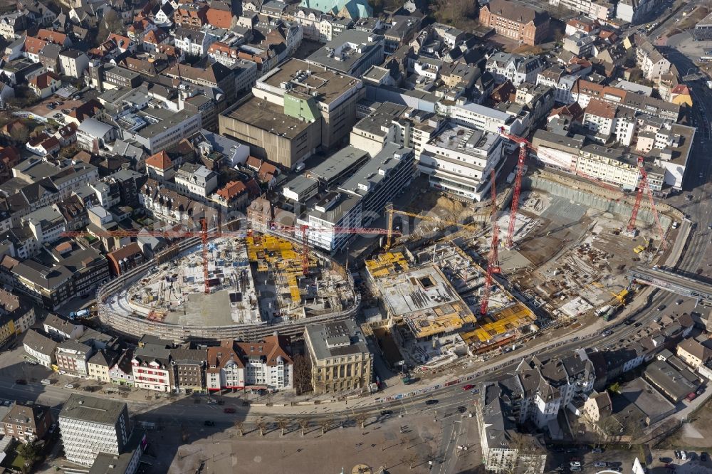 Recklinghausen aus der Vogelperspektive: Baustelle zum Neubau des Einkaufszentrums Recklinghausen Arcaden auf dem Gelände des ehemaligen Löhrhof Center s gegenüber dem Rathaus Recklinghausen im Bundesland Nordrhein-Westfalen NRW