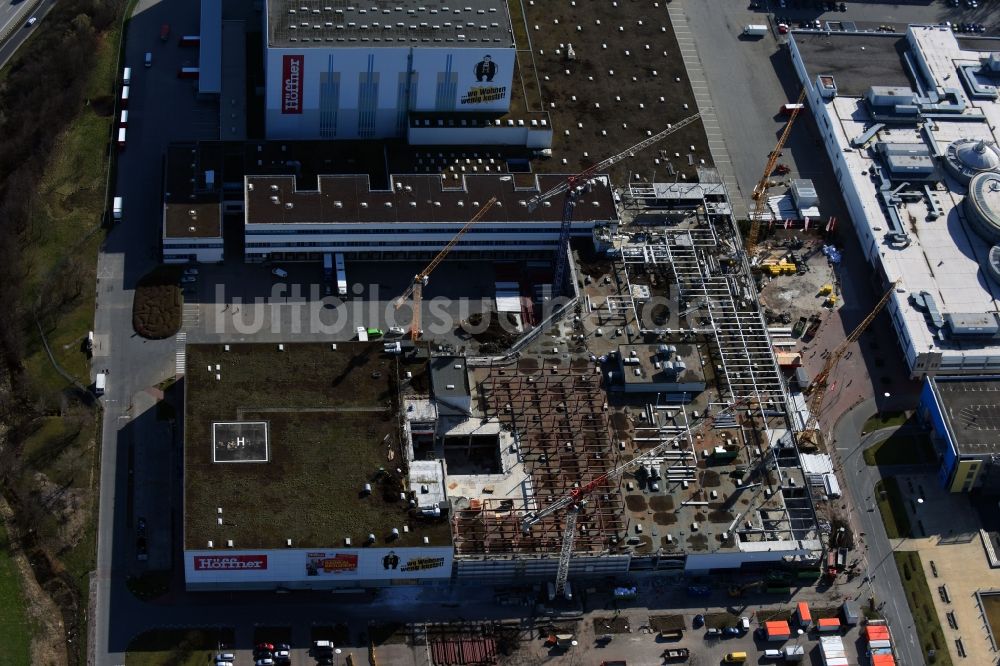 Günthersdorf von oben - Baustelle zum Neubau des Einrichtungshaus - Möbelmarkt der Höffner Möbelgesellschaft GmbH & Co. KG in Günthersdor im Bundesland Sachsen-Anhalt