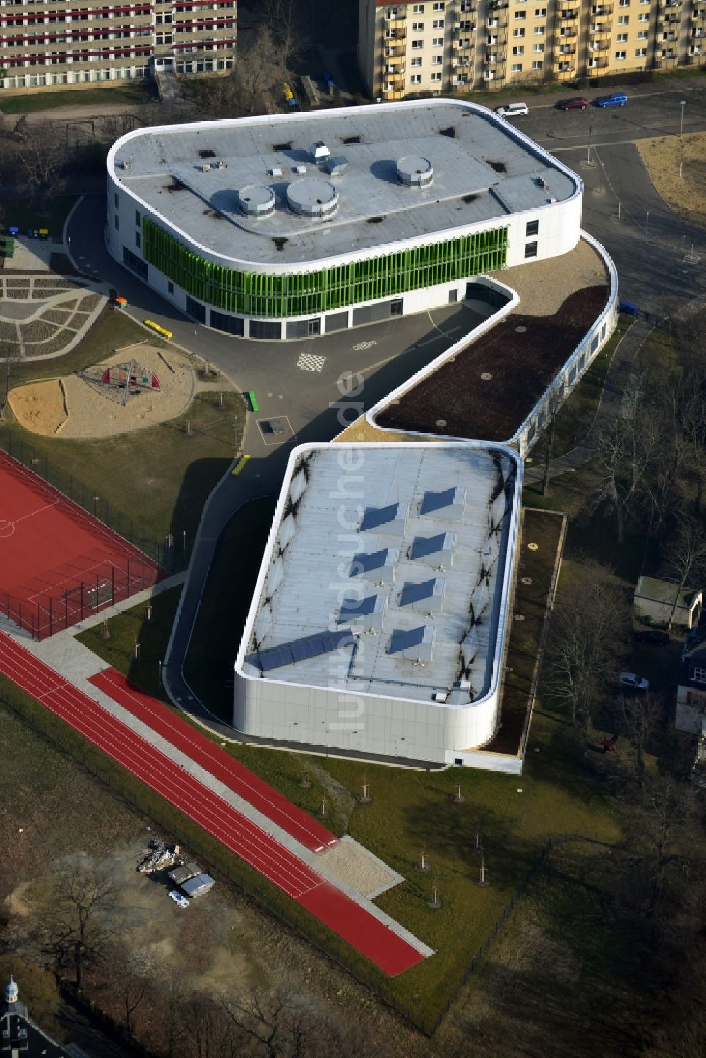 Luftbild Leipzig - Baustelle zum Neubau der Erich-Kästner-Schule an der Erfurter Straße in Leipzig im Bundesland Sachsen