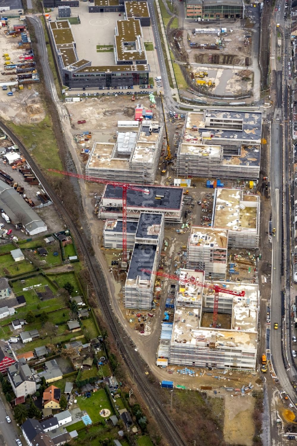 Mülheim an der Ruhr aus der Vogelperspektive: Baustelle zum Neubau der Fachhochschule / Hochschule Ruhr West in Mülheim an der Ruhr im Bundesland Nordrhein-Westfalen NRW