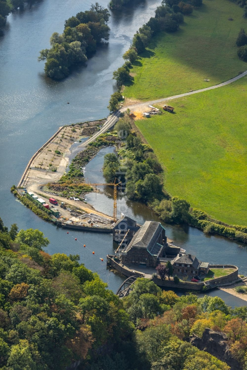 Luftbild Witten - Baustelle zum Neubau einer Fischaufstiegsanlage am Wasserkraftwerk Hohenstein der innogy SE in Witten im Bundesland Nordrhein-Westfalen, Deutschland