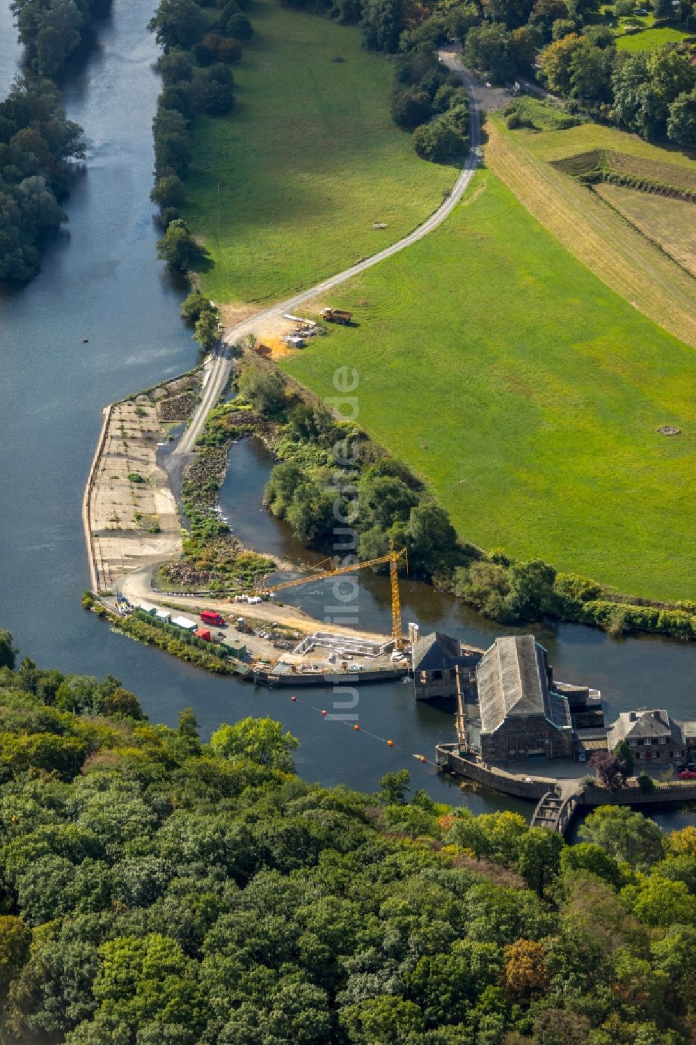 Luftaufnahme Witten - Baustelle zum Neubau einer Fischaufstiegsanlage am Wasserkraftwerk Hohenstein der innogy SE in Witten im Bundesland Nordrhein-Westfalen, Deutschland