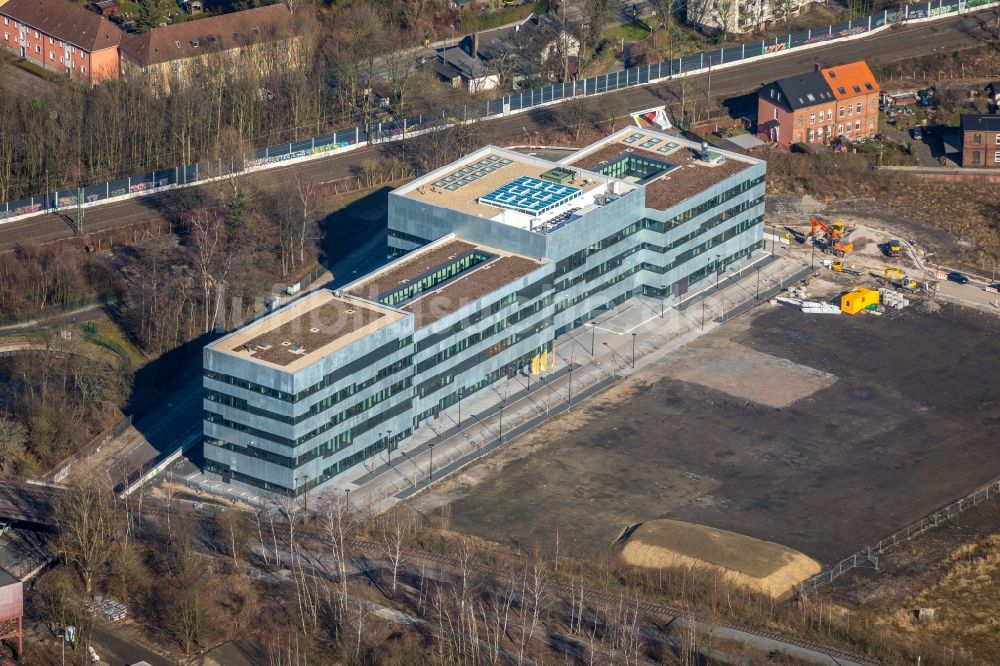 Luftaufnahme Essen - Baustelle zum Neubau der Folkwang Universität der Künste auf dem Welterbe Zollverein in Essen im Bundesland Nordrhein-Westfalen