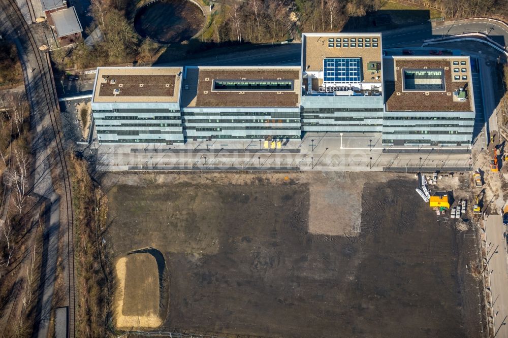 Luftbild Essen - Baustelle zum Neubau der Folkwang Universität der Künste auf dem Welterbe Zollverein in Essen im Bundesland Nordrhein-Westfalen