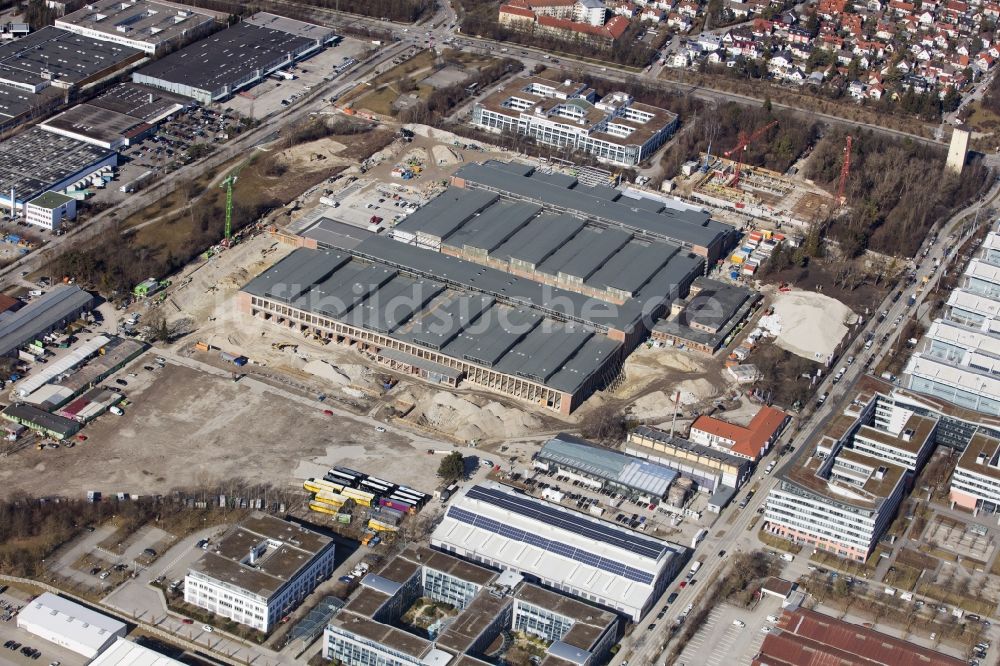 München aus der Vogelperspektive: Baustelle zum Neubau- Gebäude des Baumarktes der BAUHAUS E-Business GmbH & Co. KG im Ortsteil Freimann in München im Bundesland Bayern