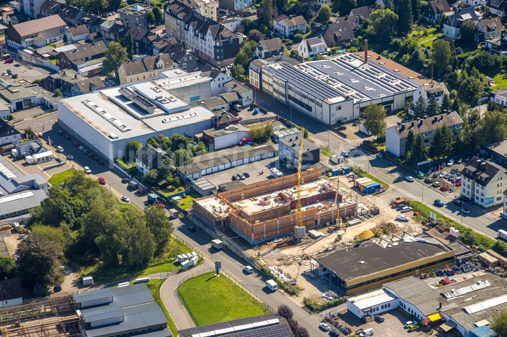 Luftaufnahme Gevelsberg - Baustelle zum Neubau des Gebäudekomplexes des Einkaufszentrum ALDI im Ortsteil Heck in Gevelsberg im Bundesland Nordrhein-Westfalen, Deutschland