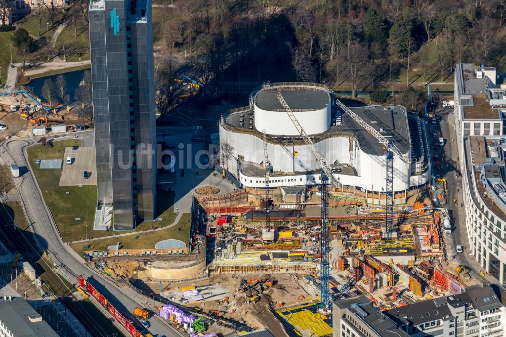 Luftbild Düsseldorf - Baustelle zum Neubau des Gebäudekomplexes des Einkaufszentrum Ingenhoven-Tal - Köbogen 2 am Gustaf-Gründgens-Platz in Düsseldorf im Bundesland Nordrhein-Westfalen, Deutschland