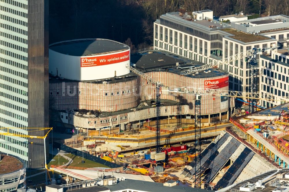 Luftaufnahme Düsseldorf - Baustelle zum Neubau des Gebäudekomplexes des Einkaufszentrum Ingenhoven-Tal - Köbogen 2 am Gustaf-Gründgens-Platz in Düsseldorf im Bundesland Nordrhein-Westfalen, Deutschland