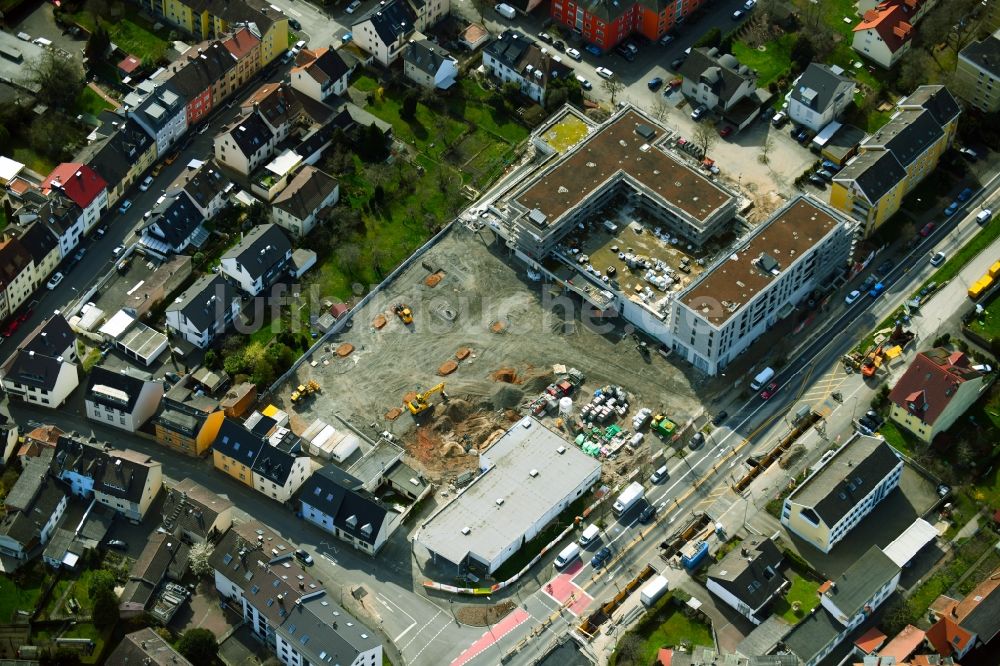 Aschaffenburg aus der Vogelperspektive: Baustelle zum Neubau des Gebäudekomplexes des Einkaufszentrum Tegut-Markt im Ortsteil Damm in Aschaffenburg im Bundesland Bayern, Deutschland