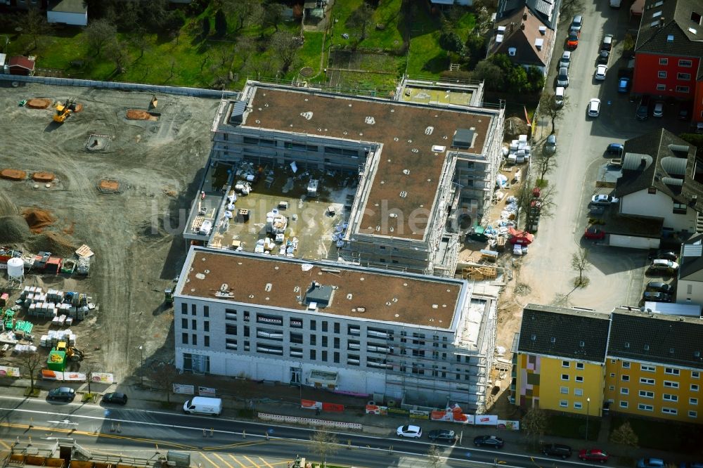 Aschaffenburg aus der Vogelperspektive: Baustelle zum Neubau des Gebäudekomplexes des Einkaufszentrum Tegut-Markt im Ortsteil Damm in Aschaffenburg im Bundesland Bayern, Deutschland