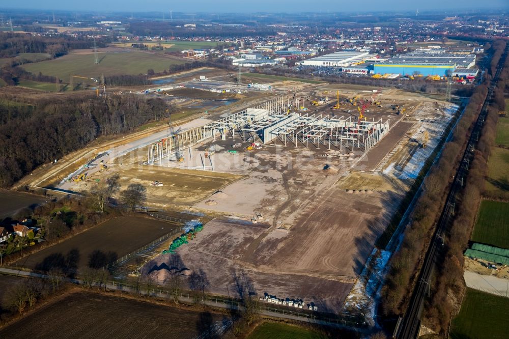 Luftbild Werne - Baustelle zum Neubau eines Gebäudekomplexes auf dem Gelände des Logistikzentrums Amazon Logistik im Ortsteil Lenklar in Werne im Bundesland Nordrhein-Westfalen