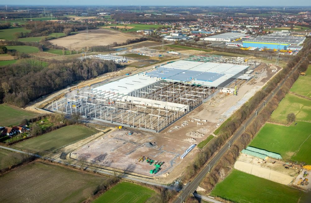 Werne aus der Vogelperspektive: Baustelle zum Neubau eines Gebäudekomplexes auf dem Gelände des Logistikzentrums Amazon Logistik im Ortsteil Lenklar in Werne im Bundesland Nordrhein-Westfalen