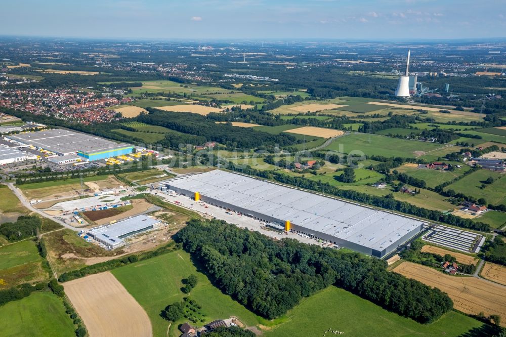 Werne von oben - Baustelle zum Neubau eines Gebäudekomplexes auf dem Gelände des Logistikzentrums Amazon Logistik in Werne im Bundesland Nordrhein-Westfalen