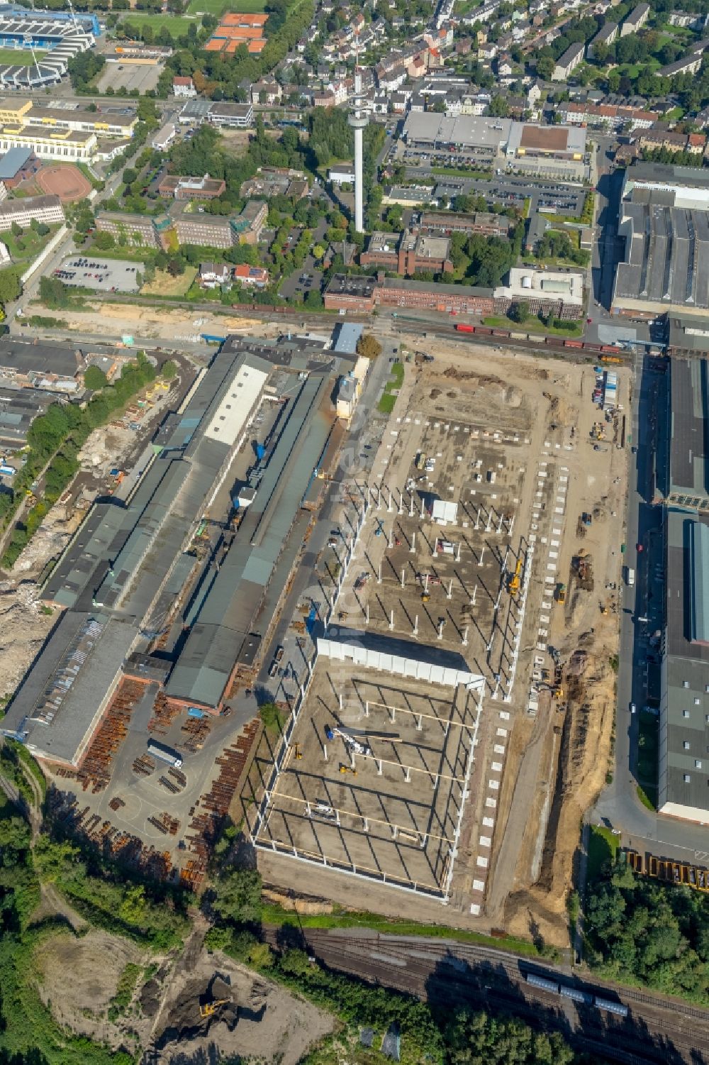 Luftaufnahme Bochum - Baustelle zum Neubau eines Gebäudekomplexes auf dem Gelände des Logistikzentrums Dietz AG an der Karl-Lange-Straße in Bochum im Bundesland Nordrhein-Westfalen, Deutschland