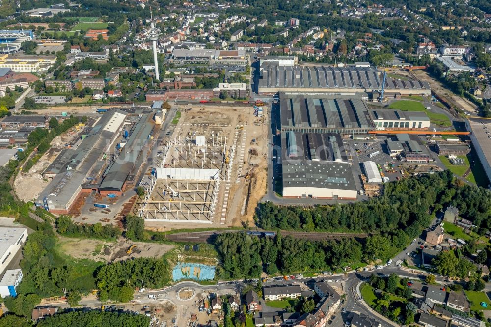 Bochum aus der Vogelperspektive: Baustelle zum Neubau eines Gebäudekomplexes auf dem Gelände des Logistikzentrums Dietz AG an der Karl-Lange-Straße in Bochum im Bundesland Nordrhein-Westfalen, Deutschland