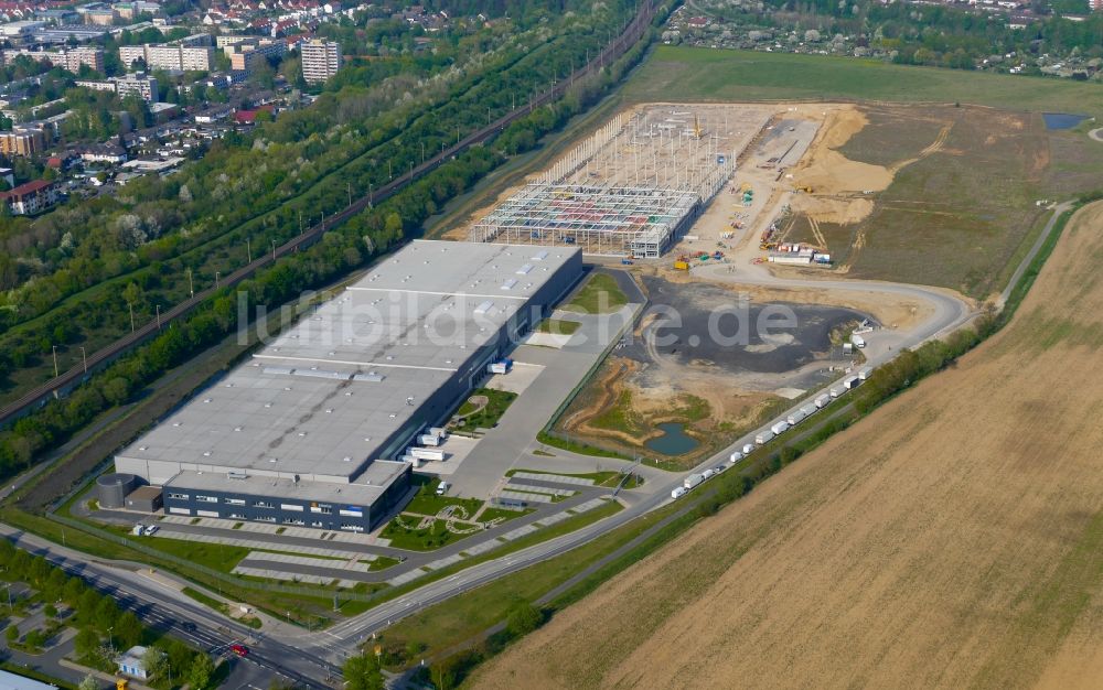 Göttingen von oben - Baustelle zum Neubau eines Gebäudekomplexes auf dem Gelände des Logistikzentrums DISTRIBO in Göttingen im Bundesland Niedersachsen, Deutschland