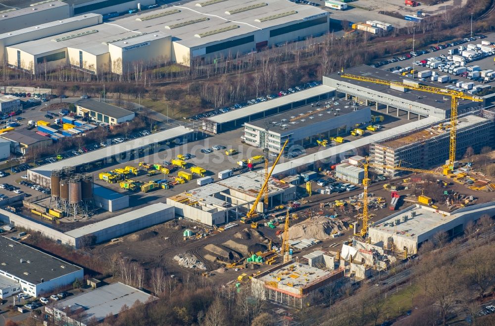 Dortmund von oben - Baustelle zum Neubau eines Gebäudekomplexes auf dem Gelände des Logistikzentrums DOGA - Dortmunder Gesellschaft für Abfall mbH am Sunderweg im Ortsteil Innenstadt-Nord in Dortmund im Bundesland Nordrhein-Westfalen