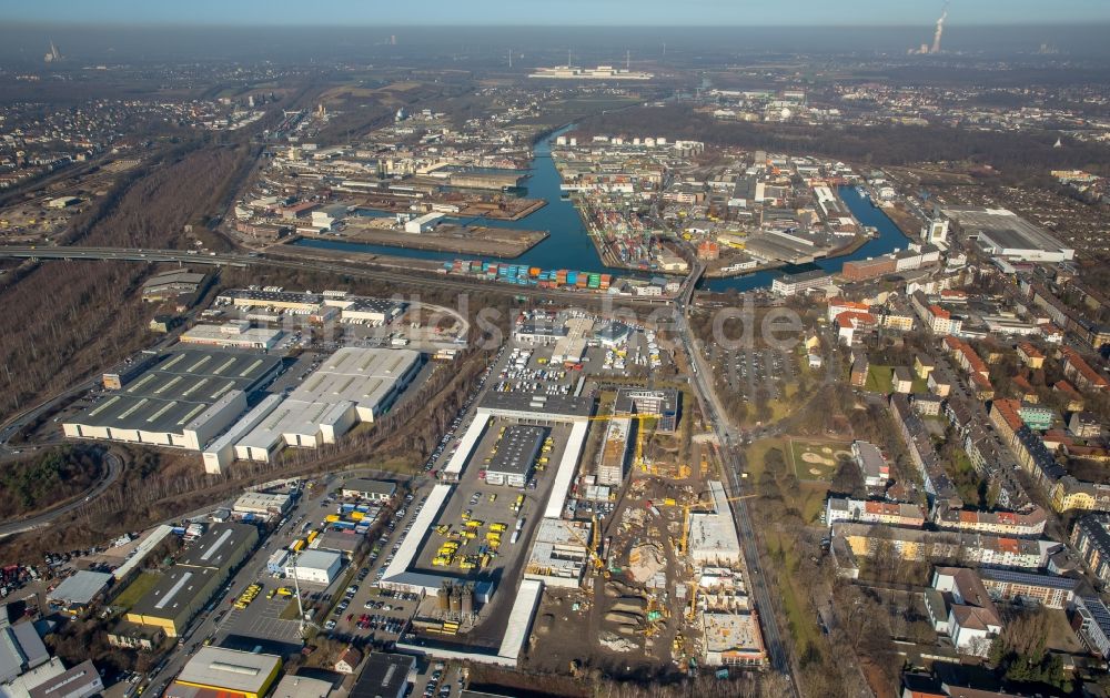 Luftaufnahme Dortmund - Baustelle zum Neubau eines Gebäudekomplexes auf dem Gelände des Logistikzentrums DOGA - Dortmunder Gesellschaft für Abfall mbH am Sunderweg im Ortsteil Innenstadt-Nord in Dortmund im Bundesland Nordrhein-Westfalen