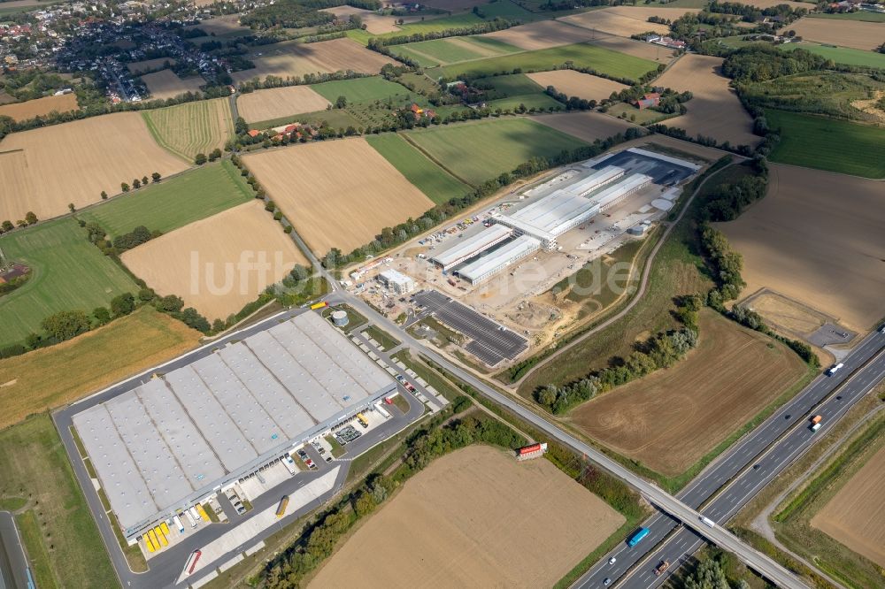 Hamm aus der Vogelperspektive: Baustelle zum Neubau eines Gebäudekomplexes auf dem Gelände des Logistikzentrums der DPD Deutschland GmbH in Hamm im Bundesland Nordrhein-Westfalen, Deutschland