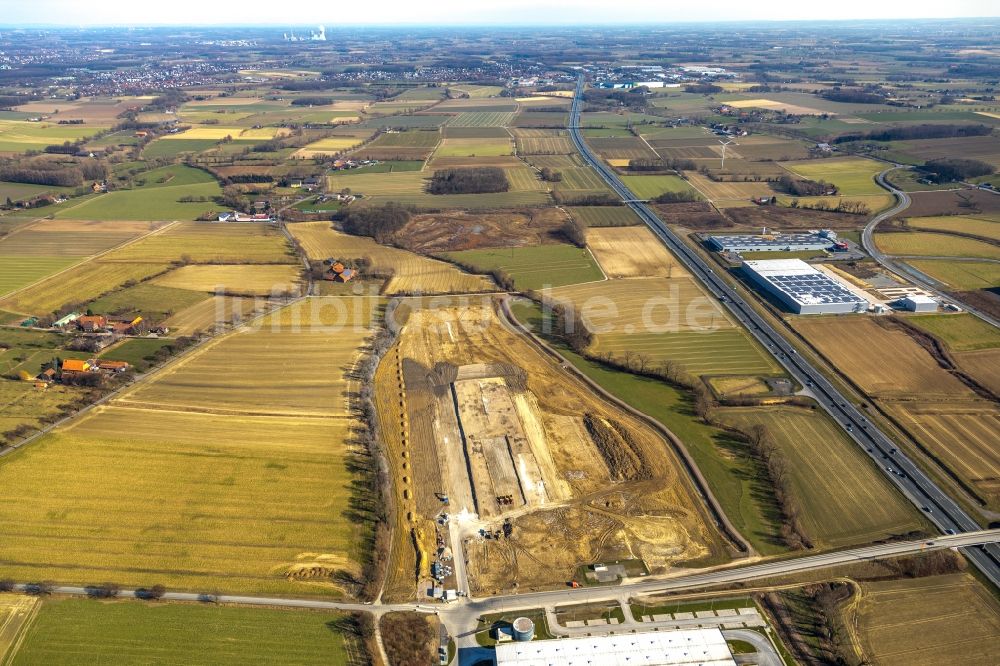 Hamm von oben - Baustelle zum Neubau eines Gebäudekomplexes auf dem Gelände des Logistikzentrums der DPD Deutschland GmbH am Osterbönener Weg in Hamm im Bundesland Nordrhein-Westfalen, Deutschland