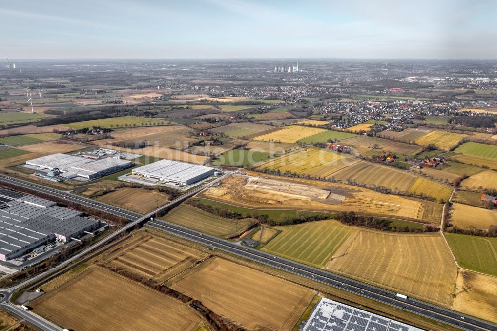 Hamm aus der Vogelperspektive: Baustelle zum Neubau eines Gebäudekomplexes auf dem Gelände des Logistikzentrums der DPD Deutschland GmbH am Osterbönener Weg in Hamm im Bundesland Nordrhein-Westfalen, Deutschland