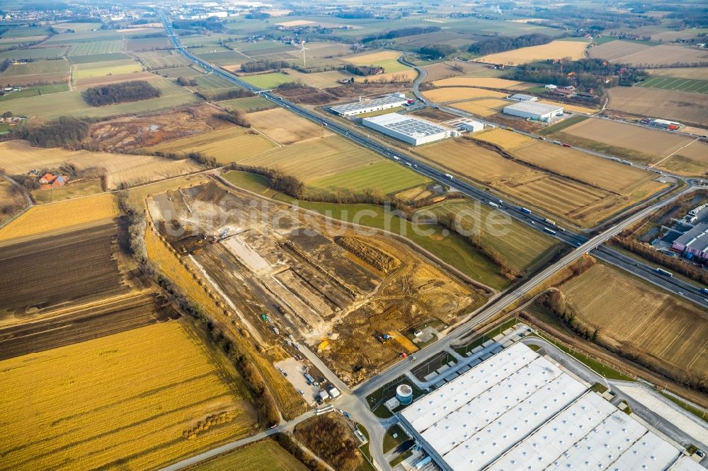 Hamm aus der Vogelperspektive: Baustelle zum Neubau eines Gebäudekomplexes auf dem Gelände des Logistikzentrums der DPD Deutschland GmbH am Osterbönener Weg in Hamm im Bundesland Nordrhein-Westfalen, Deutschland