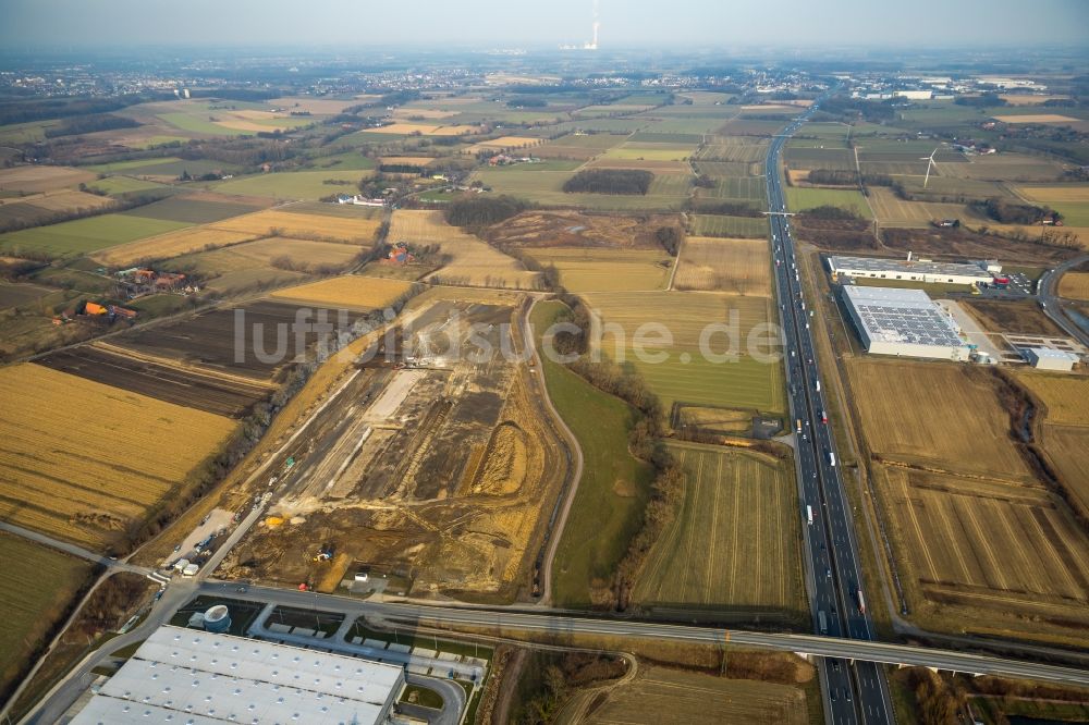 Luftaufnahme Hamm - Baustelle zum Neubau eines Gebäudekomplexes auf dem Gelände des Logistikzentrums der DPD Deutschland GmbH am Osterbönener Weg in Hamm im Bundesland Nordrhein-Westfalen, Deutschland