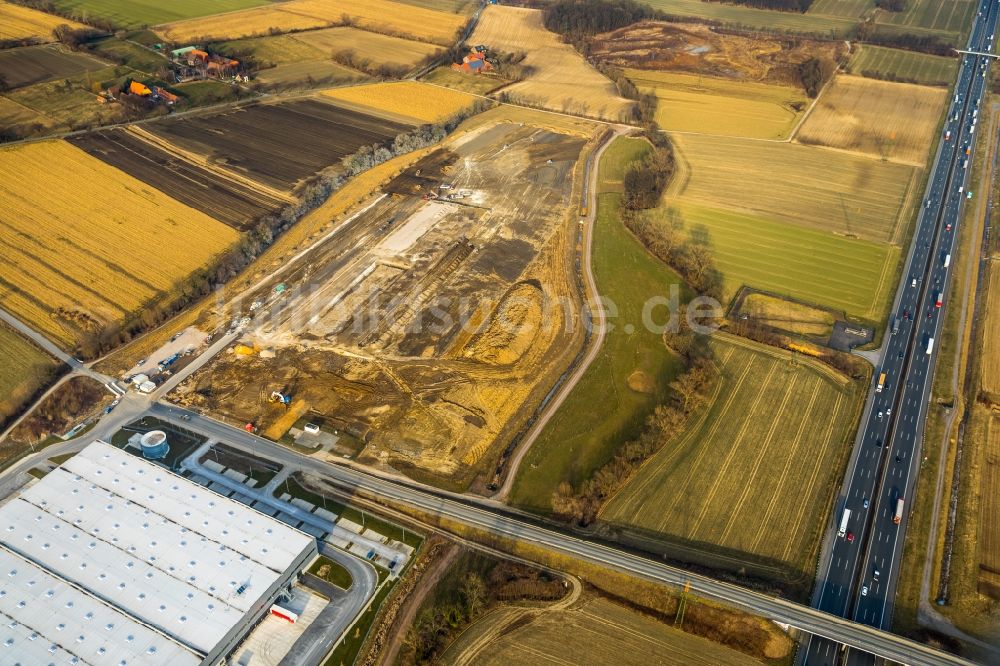 Hamm von oben - Baustelle zum Neubau eines Gebäudekomplexes auf dem Gelände des Logistikzentrums der DPD Deutschland GmbH am Osterbönener Weg in Hamm im Bundesland Nordrhein-Westfalen, Deutschland