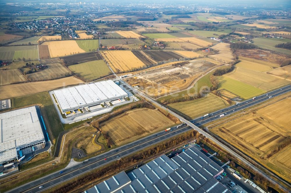 Hamm aus der Vogelperspektive: Baustelle zum Neubau eines Gebäudekomplexes auf dem Gelände des Logistikzentrums der DPD Deutschland GmbH am Osterbönener Weg in Hamm im Bundesland Nordrhein-Westfalen, Deutschland