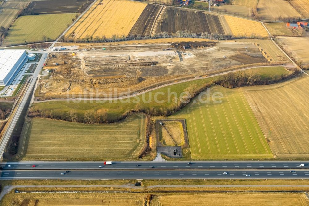 Luftaufnahme Hamm - Baustelle zum Neubau eines Gebäudekomplexes auf dem Gelände des Logistikzentrums der DPD Deutschland GmbH am Osterbönener Weg in Hamm im Bundesland Nordrhein-Westfalen, Deutschland