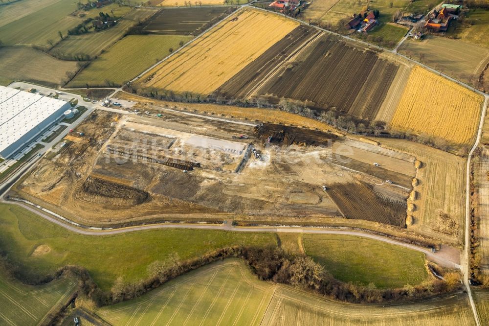 Hamm von oben - Baustelle zum Neubau eines Gebäudekomplexes auf dem Gelände des Logistikzentrums der DPD Deutschland GmbH am Osterbönener Weg in Hamm im Bundesland Nordrhein-Westfalen, Deutschland