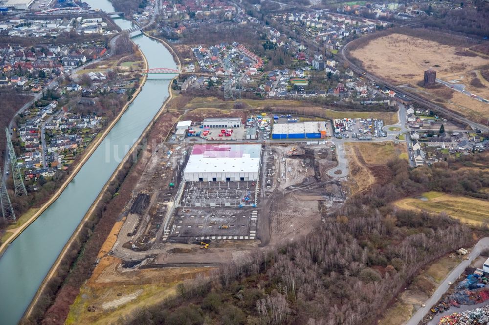 Gelsenkirchen von oben - Baustelle zum Neubau eines Gebäudekomplexes auf dem Gelände des Logistikzentrums auf dem ehemaliger Wanit-Areal im Ortsteil Gelsenkirchen-Mitte in Gelsenkirchen im Bundesland Nordrhein-Westfalen