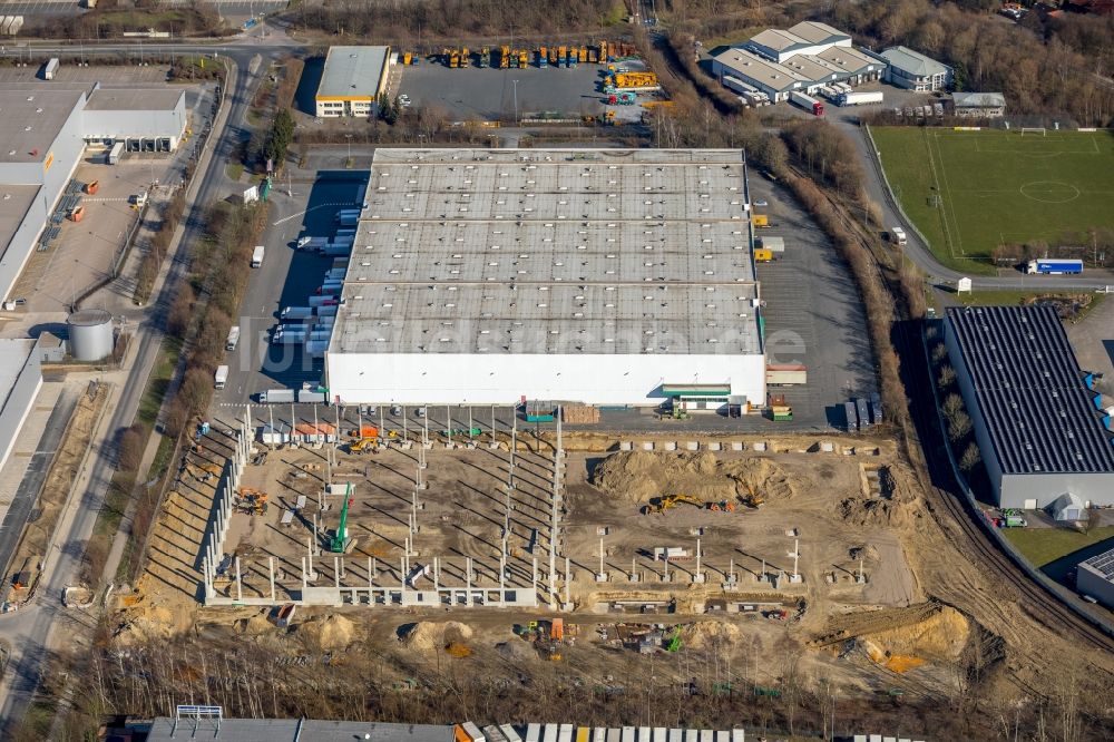 Unna aus der Vogelperspektive: Baustelle zum Neubau eines Gebäudekomplexes auf dem Gelände des Logistikzentrums an der Formerstraße im Ortsteil Alte Heide in Unna im Bundesland Nordrhein-Westfalen, Deutschland