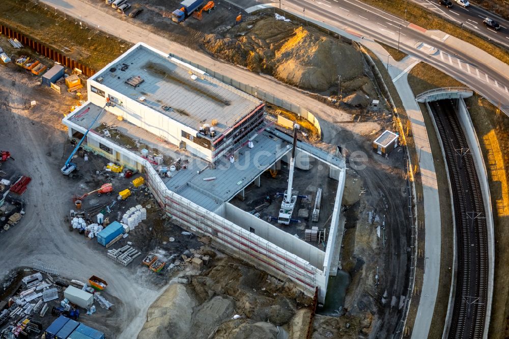 Dortmund aus der Vogelperspektive: Baustelle zum Neubau eines Gebäudekomplexes auf dem Gelände des Logistikzentrums Geldspeicher der Deutschen Bundesbank in Dortmund im Bundesland Nordrhein-Westfalen