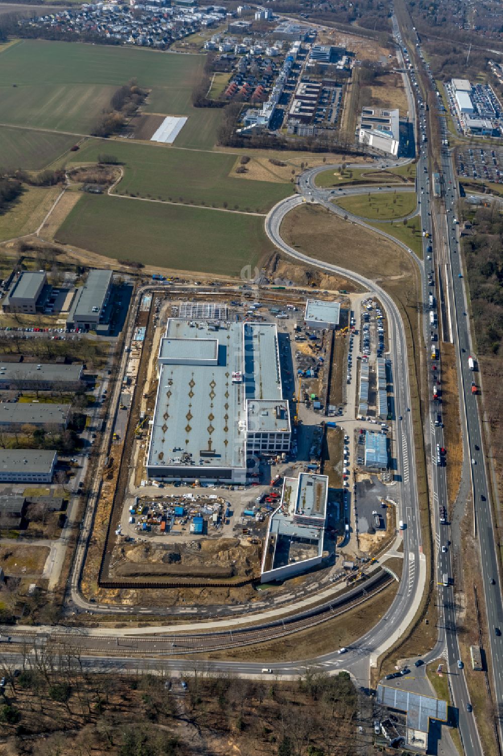 Dortmund von oben - Baustelle zum Neubau eines Gebäudekomplexes auf dem Gelände des Logistikzentrums Geldspeicher der Deutschen Bundesbank in Dortmund im Bundesland Nordrhein-Westfalen