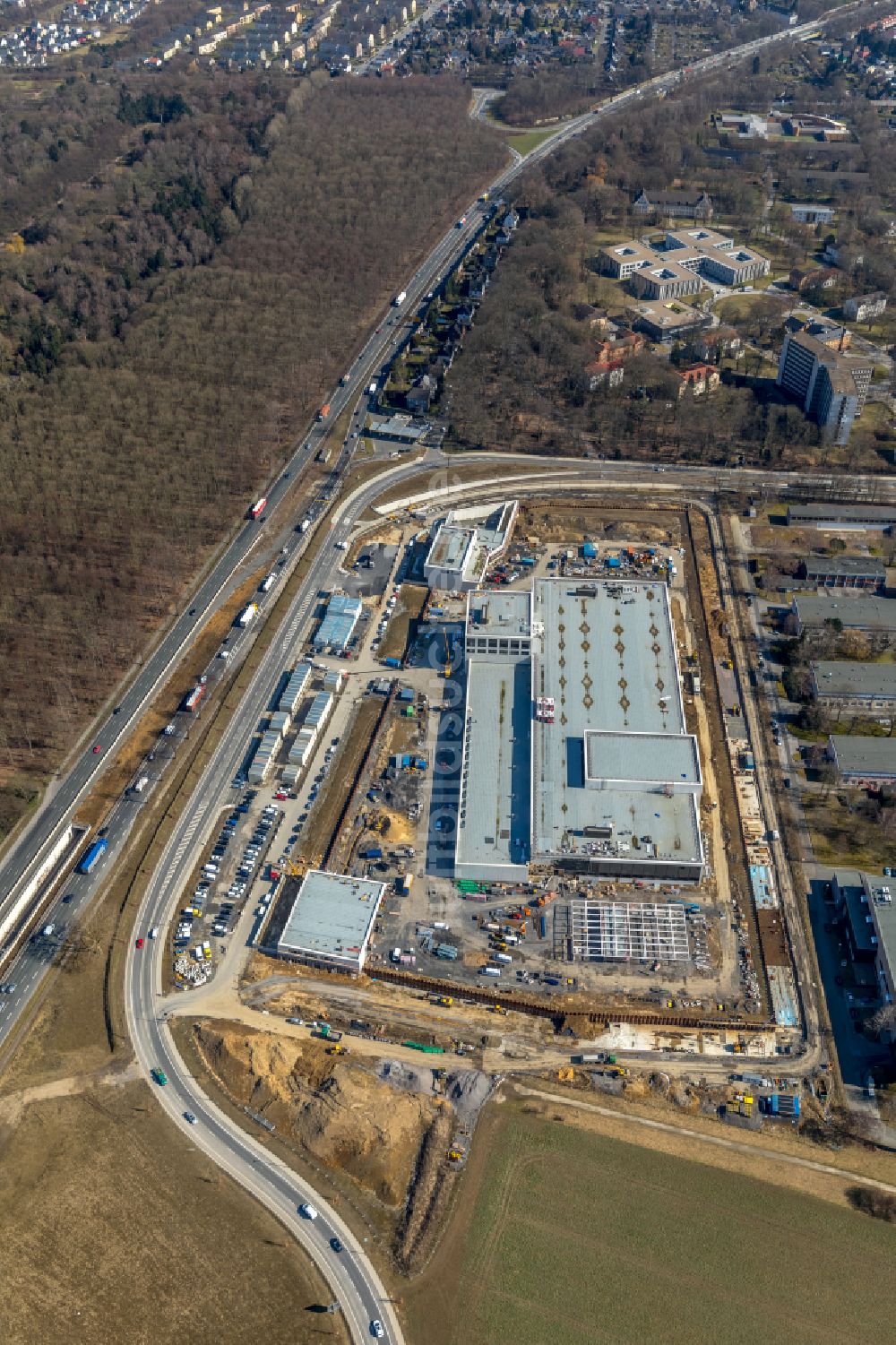 Dortmund aus der Vogelperspektive: Baustelle zum Neubau eines Gebäudekomplexes auf dem Gelände des Logistikzentrums Geldspeicher der Deutschen Bundesbank in Dortmund im Bundesland Nordrhein-Westfalen