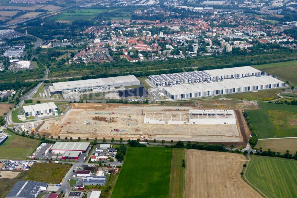 Luftaufnahme Göttingen - Baustelle zum Neubau eines Gebäudekomplexes auf dem Gelände des Logistikzentrums VGP-Park in Göttingen im Bundesland Niedersachsen, Deutschland