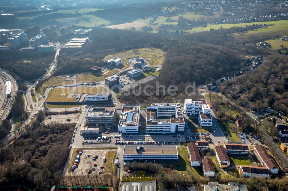 Luftaufnahme Bochum - Baustelle zum Neubau eines Gebäudekomplexes der Hochschule Hochschule für Gesundheit am Gesundheitscampus in Bochum im Bundesland Nordrhein-Westfalen, Deutschland