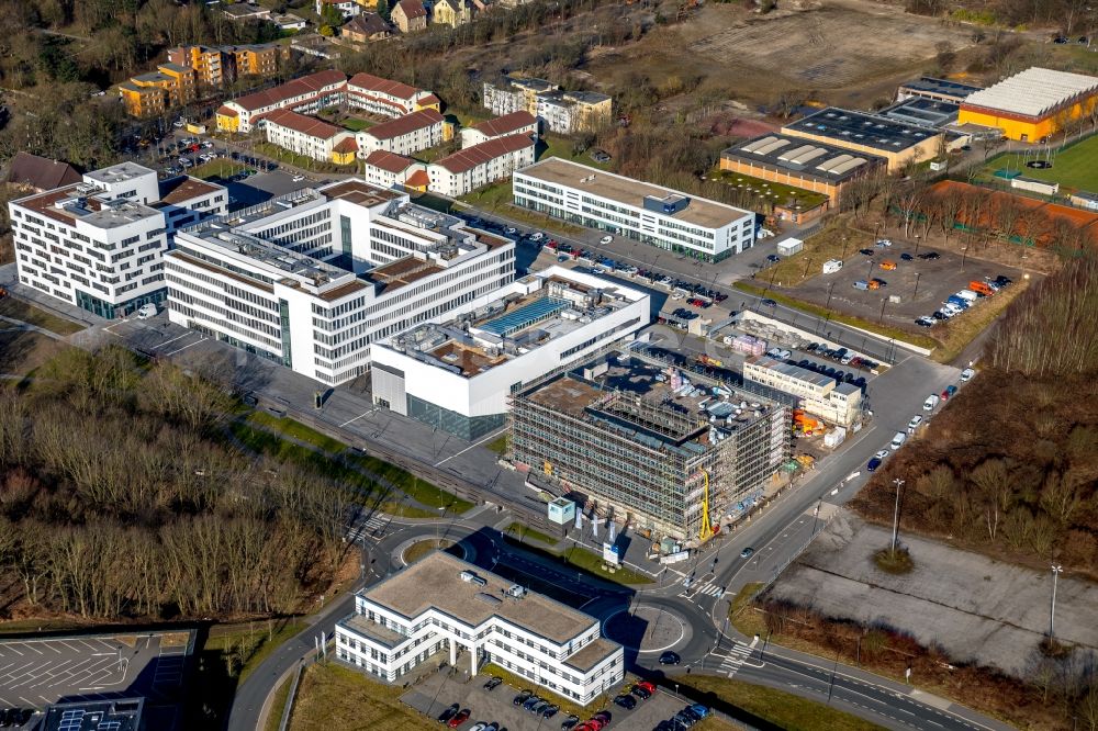 Luftbild Bochum - Baustelle zum Neubau eines Gebäudekomplexes der Hochschule Hochschule für Gesundheit am Gesundheitscampus in Bochum im Bundesland Nordrhein-Westfalen, Deutschland